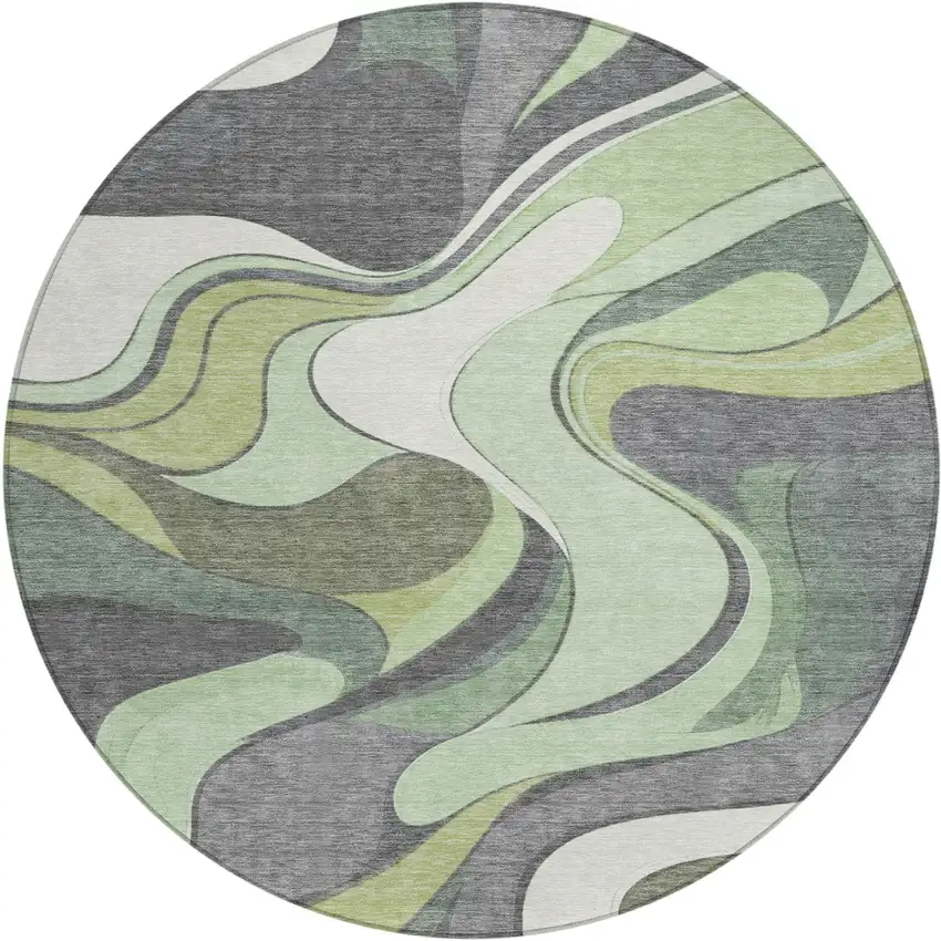8' Green And Ivory Round Abstract Washable Indoor Outdoor Area Rug Photo 1