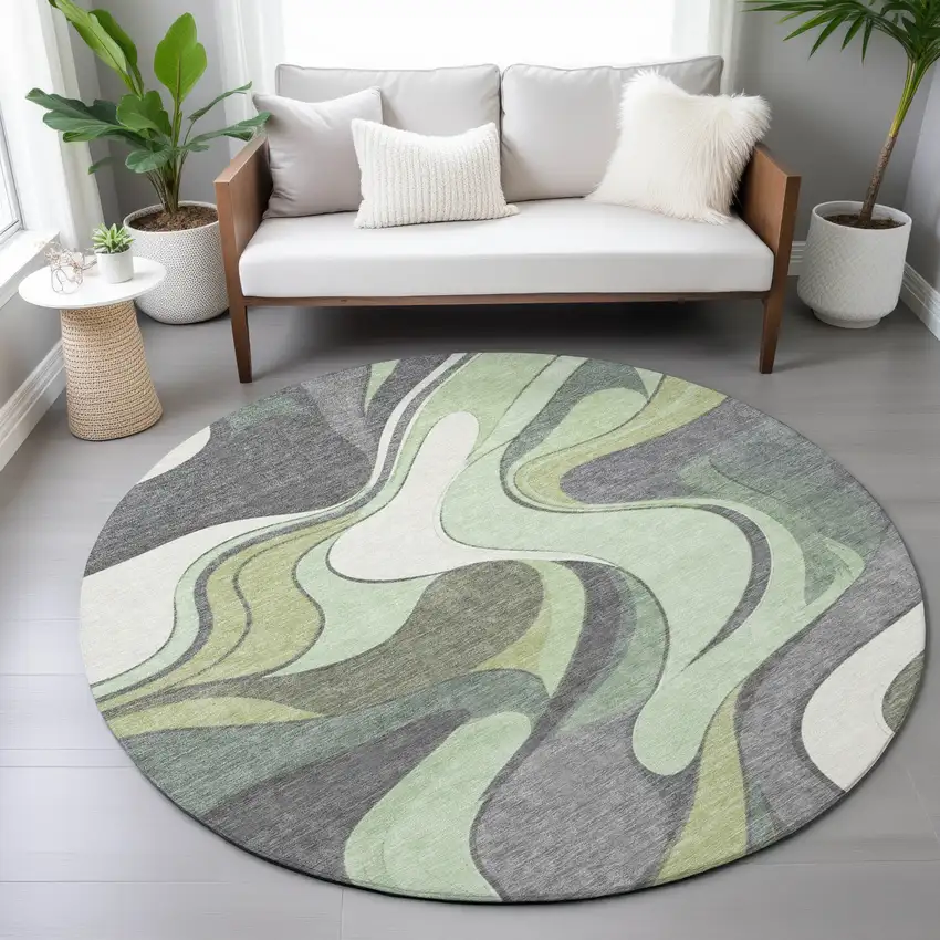 8' Green And Ivory Round Abstract Washable Indoor Outdoor Area Rug Photo 9
