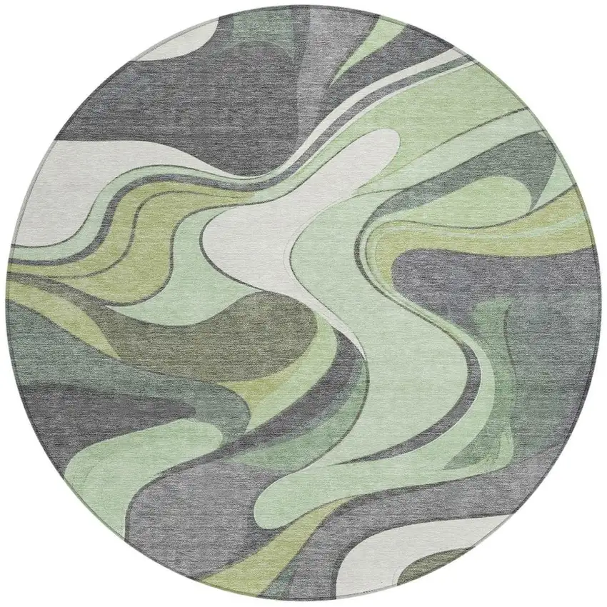 8' Green And Ivory Round Abstract Washable Indoor Outdoor Area Rug Photo 4
