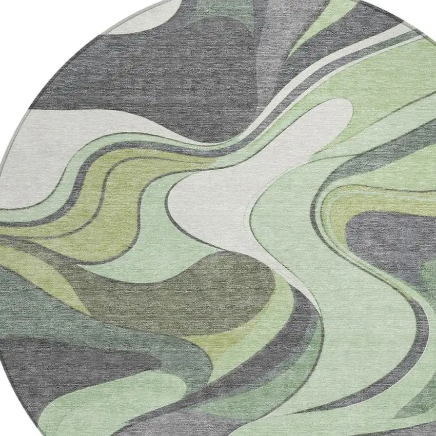 8' Green And Ivory Round Abstract Washable Indoor Outdoor Area Rug Photo 5