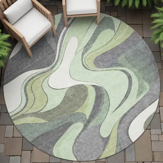 8' Green And Ivory Round Abstract Washable Indoor Outdoor Area Rug Photo 8