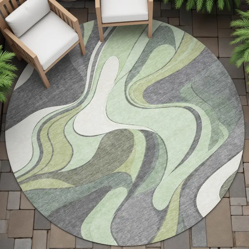 8' Green And Ivory Round Abstract Washable Indoor Outdoor Area Rug Photo 8