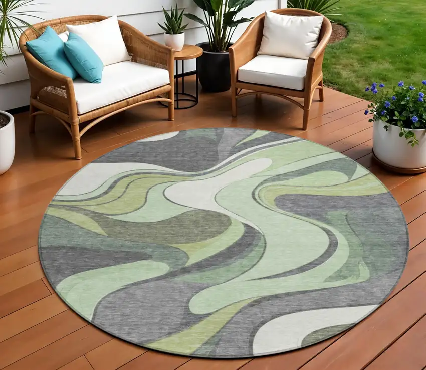 8' Green And Ivory Round Abstract Washable Indoor Outdoor Area Rug Photo 2