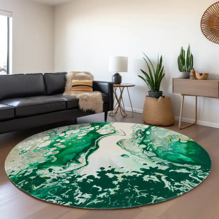 8' Green And Ivory Round Abstract Washable Indoor Outdoor Area Rug Photo 6