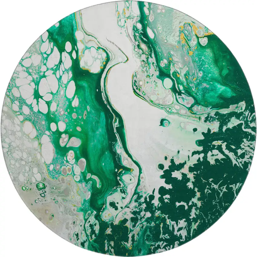 8' Green And Ivory Round Abstract Washable Indoor Outdoor Area Rug Photo 2