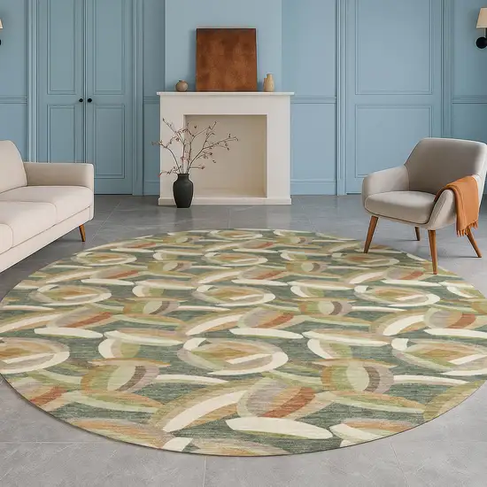 8' Green And Ivory Round Abstract Washable Indoor Outdoor Area Rug Photo 5