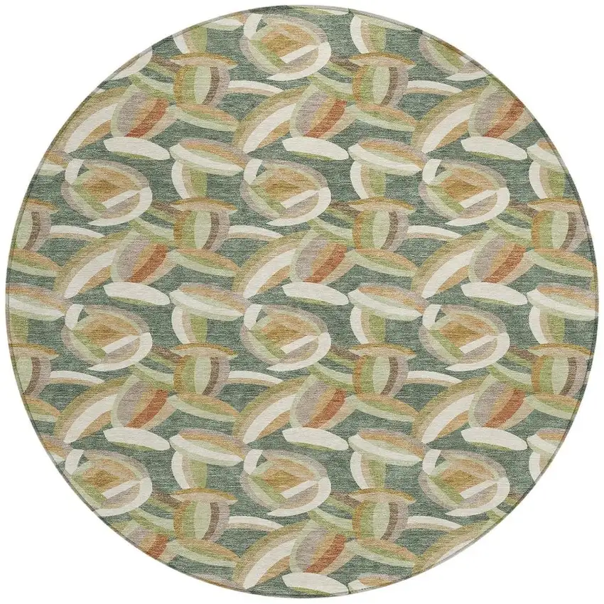 8' Green And Ivory Round Abstract Washable Indoor Outdoor Area Rug Photo 2