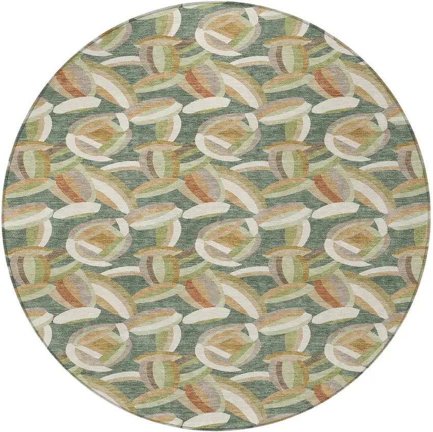 8' Green And Ivory Round Abstract Washable Indoor Outdoor Area Rug Photo 3