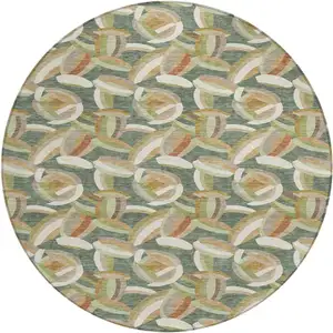 Photo of 8' Green And Ivory Round Abstract Washable Indoor Outdoor Area Rug