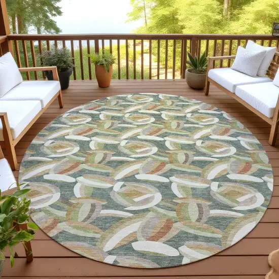 8' Green And Ivory Round Abstract Washable Indoor Outdoor Area Rug Photo 4