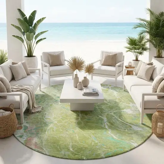 8' Green And Ivory Round Abstract Washable Indoor Outdoor Area Rug Photo 1