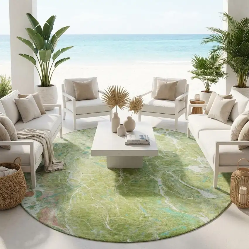 8' Green And Ivory Round Abstract Washable Indoor Outdoor Area Rug Photo 1