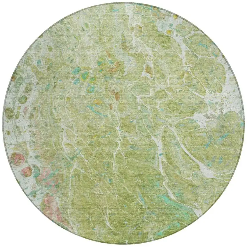 8' Green And Ivory Round Abstract Washable Indoor Outdoor Area Rug Photo 4