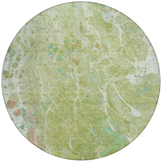 8' Green And Ivory Round Abstract Washable Indoor Outdoor Area Rug Photo 4