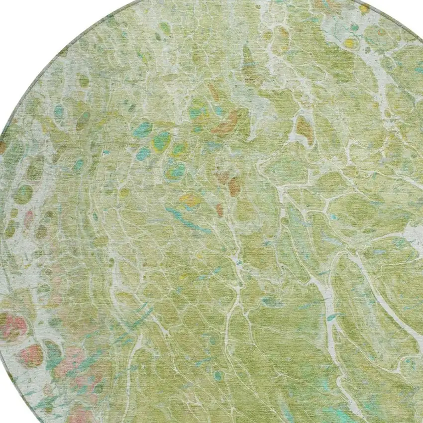 8' Green And Ivory Round Abstract Washable Indoor Outdoor Area Rug Photo 3
