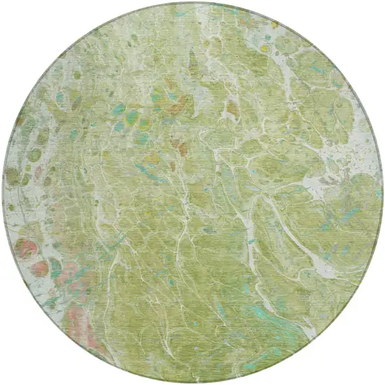 8' Green And Ivory Round Abstract Washable Indoor Outdoor Area Rug Photo 2