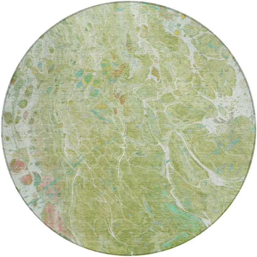 8' Green And Ivory Round Abstract Washable Indoor Outdoor Area Rug Photo 2