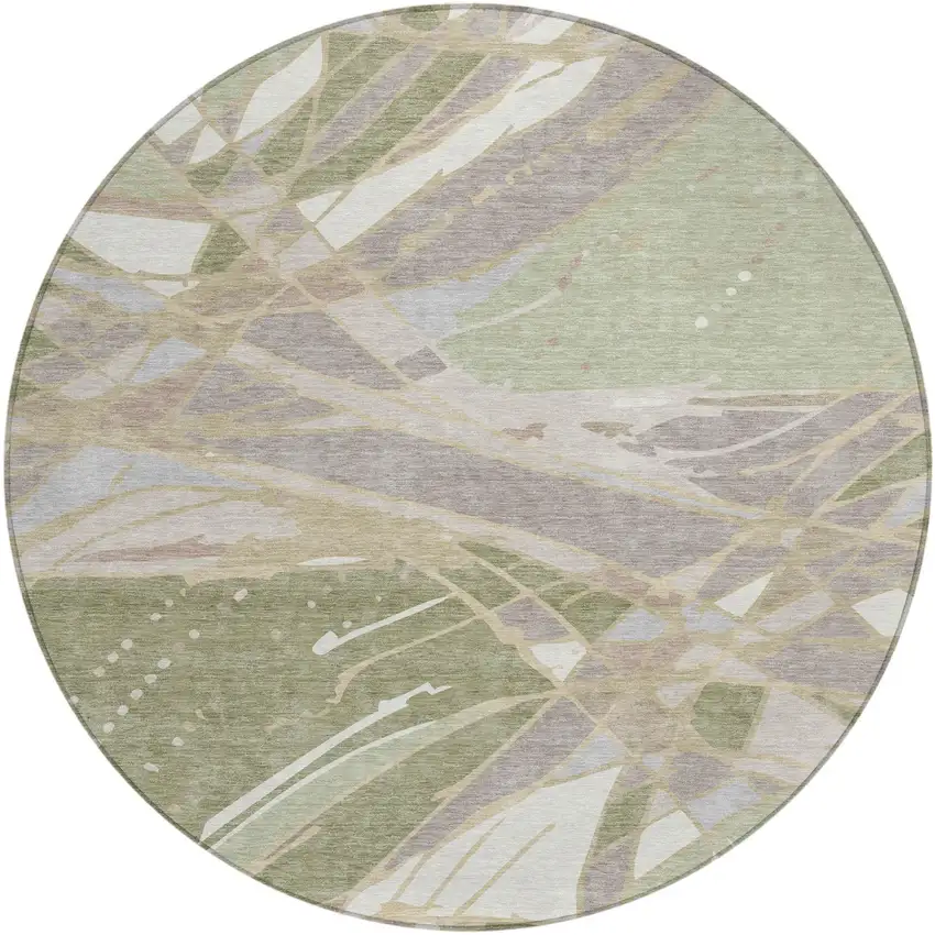 8' Green And Ivory Round Abstract Washable Indoor Outdoor Area Rug Photo 2