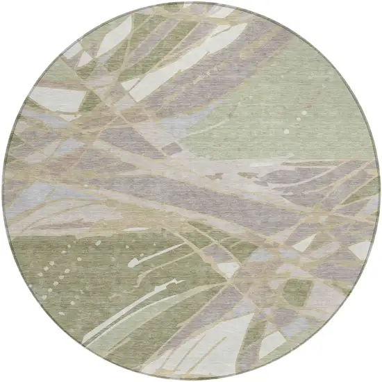 8' Green And Ivory Round Abstract Washable Indoor Outdoor Area Rug Photo 2