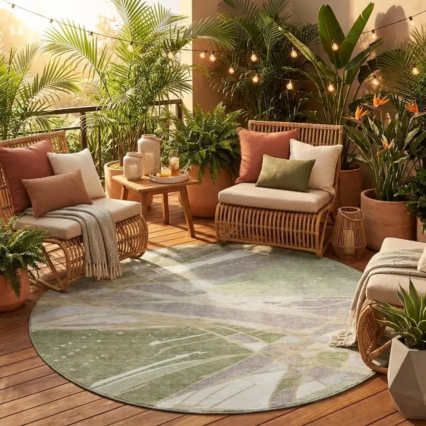 8' Green And Ivory Round Abstract Washable Indoor Outdoor Area Rug Photo 1
