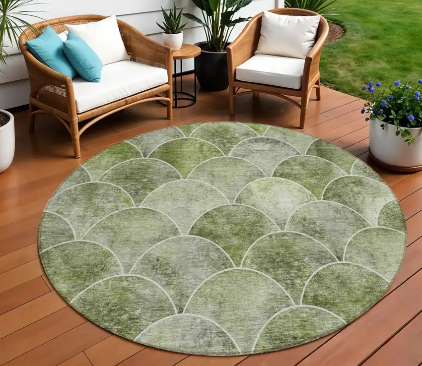 8' Green And Ivory Round Abstract Washable Indoor Outdoor Area Rug Photo 1