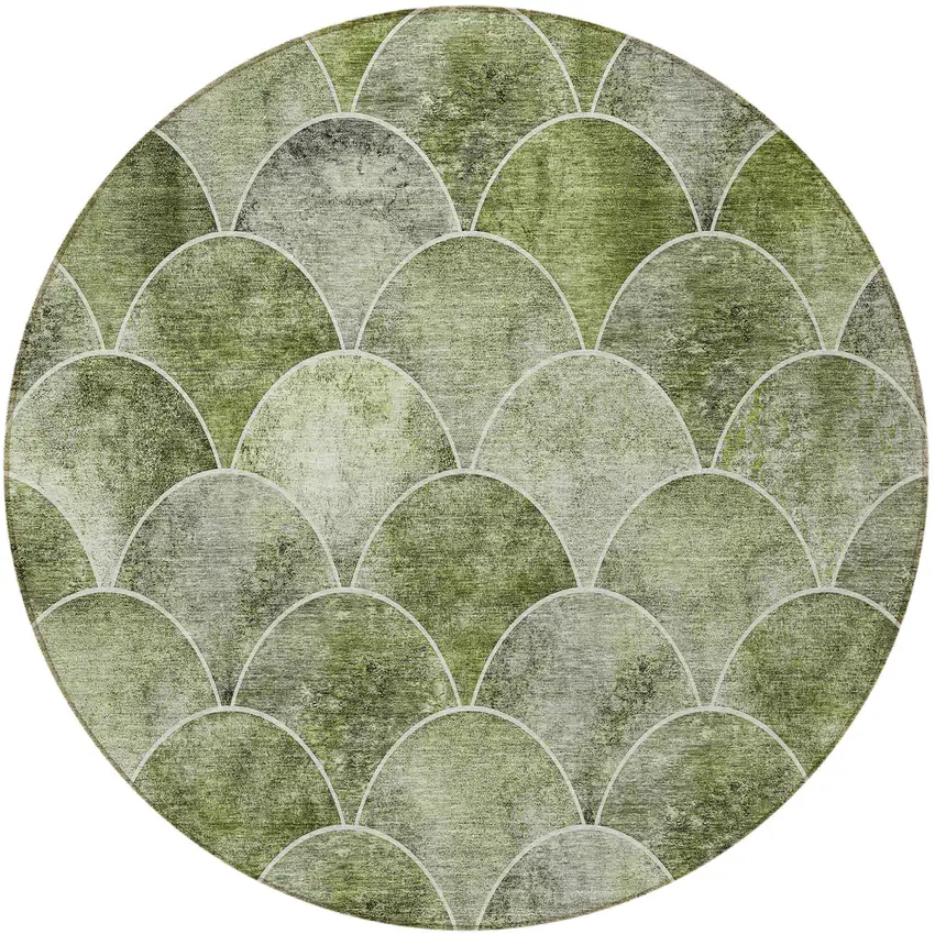 8' Green And Ivory Round Abstract Washable Indoor Outdoor Area Rug Photo 4