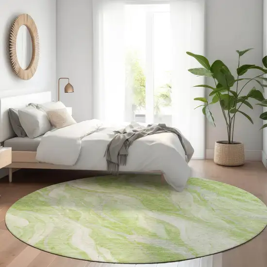 8' Green And Ivory Round Abstract Washable Indoor Outdoor Area Rug Photo 7