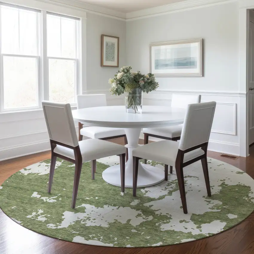 8' Green And Ivory Round Abstract Washable Indoor Outdoor Area Rug Photo 7