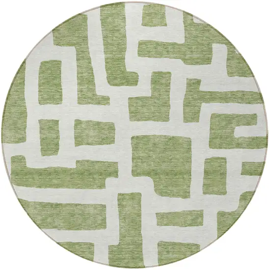 8' Green And Ivory Round Abstract Washable Indoor Outdoor Area Rug Photo 5