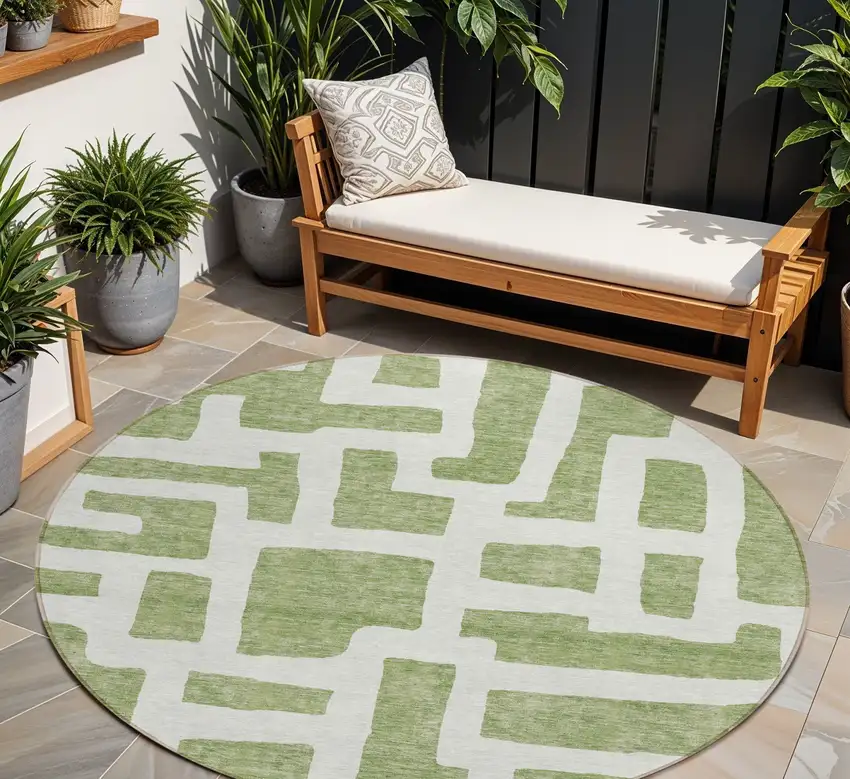 8' Green And Ivory Round Abstract Washable Indoor Outdoor Area Rug Photo 1