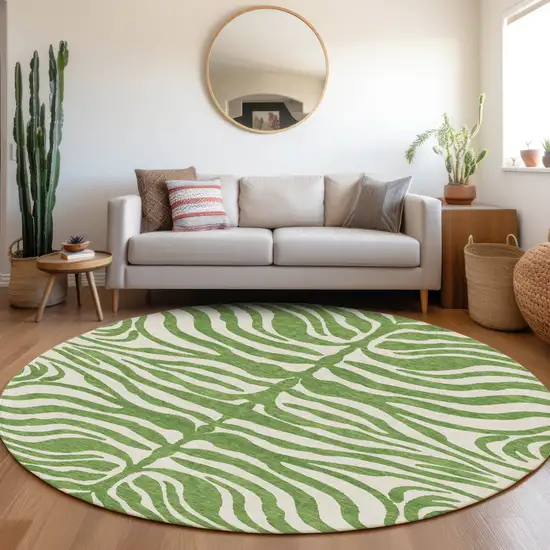 8' Green And Ivory Round Animal Print Washable Indoor Outdoor Area Rug Photo 8