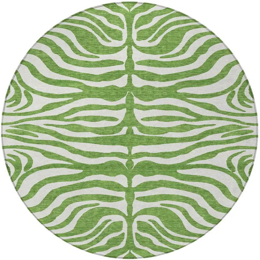 8' Green And Ivory Round Animal Print Washable Indoor Outdoor Area Rug Photo 3