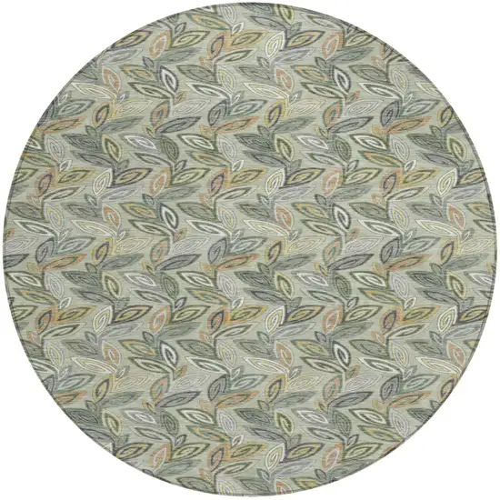 8' Green And Ivory Round Botanical Leaves Washable Indoor Outdoor Area Rug Photo 2
