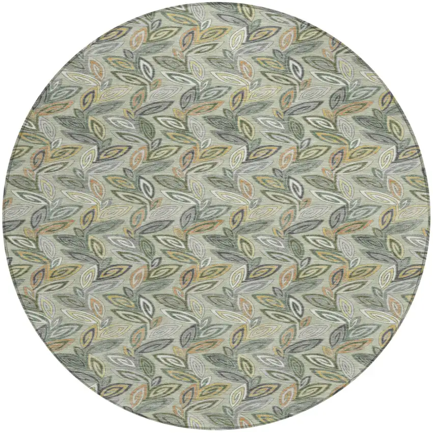 8' Green And Ivory Round Botanical Leaves Washable Indoor Outdoor Area Rug Photo 2