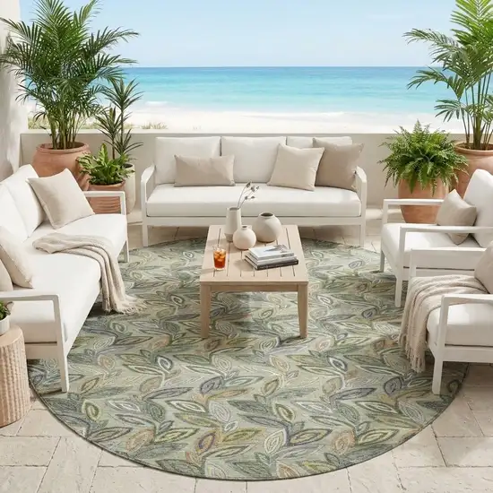 8' Green And Ivory Round Botanical Leaves Washable Indoor Outdoor Area Rug Photo 1