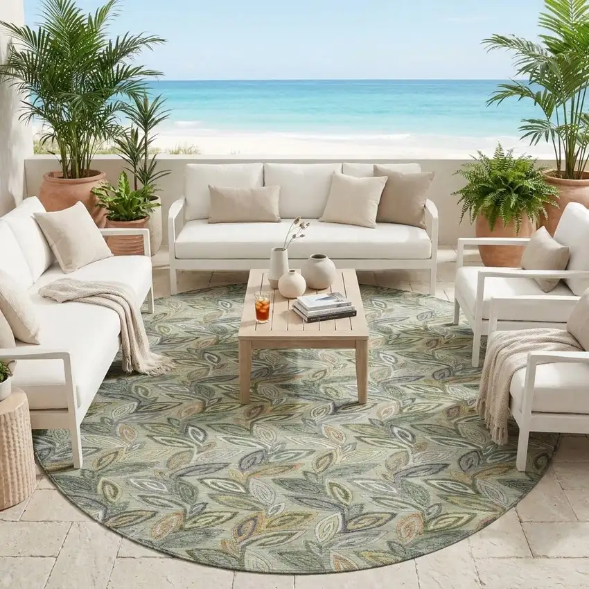 8' Green And Ivory Round Botanical Leaves Washable Indoor Outdoor Area Rug Photo 1