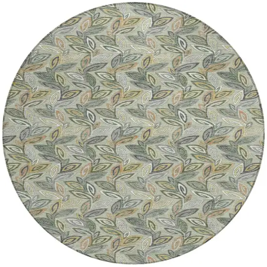 8' Green And Ivory Round Botanical Leaves Washable Indoor Outdoor Area Rug Photo 3