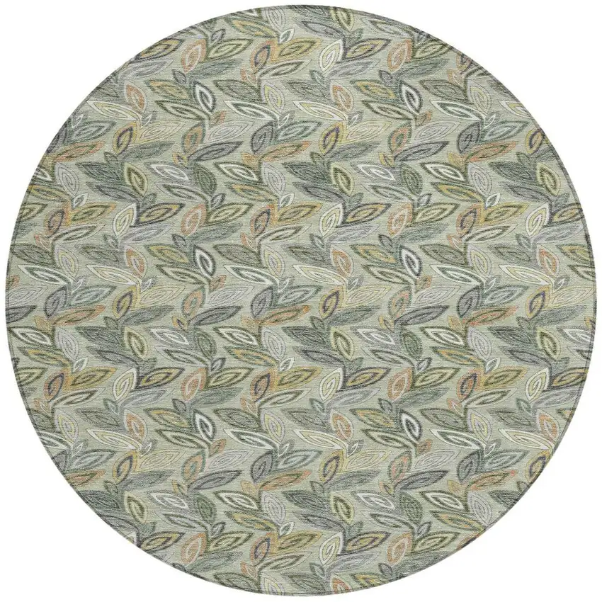 8' Green And Ivory Round Botanical Leaves Washable Indoor Outdoor Area Rug Photo 3