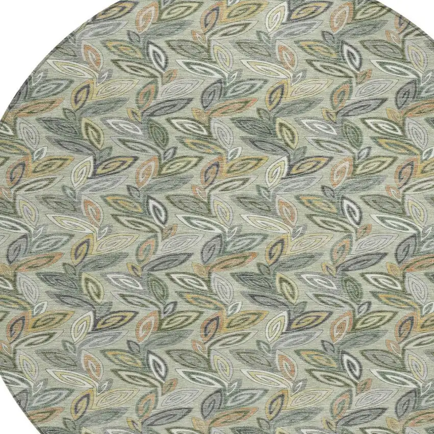 8' Green And Ivory Round Botanical Leaves Washable Indoor Outdoor Area Rug Photo 4