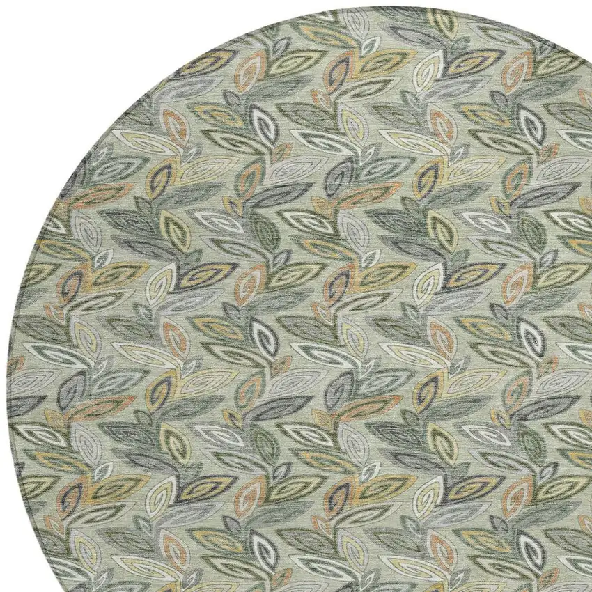 8' Green And Ivory Round Botanical Leaves Washable Indoor Outdoor Area Rug Photo 5