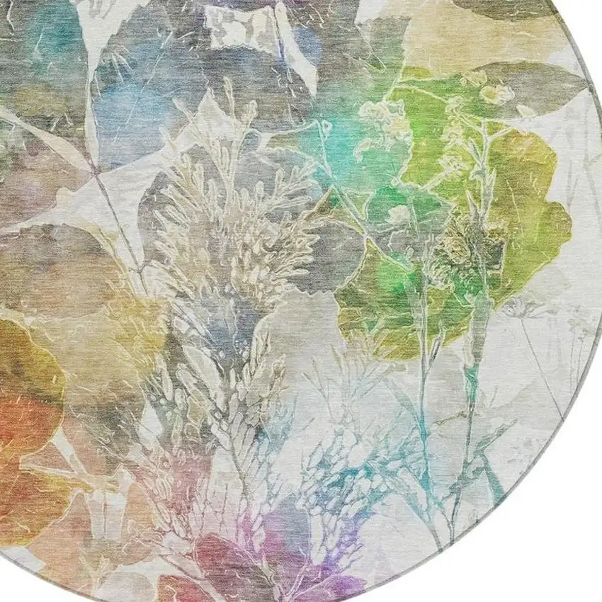 8' Green And Ivory Round Botanical Leaves Washable Indoor Outdoor Area Rug Photo 5