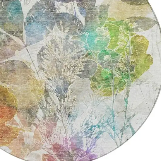 8' Green And Ivory Round Botanical Leaves Washable Indoor Outdoor Area Rug Photo 5