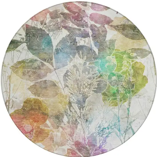 8' Green And Ivory Round Botanical Leaves Washable Indoor Outdoor Area Rug Photo 2