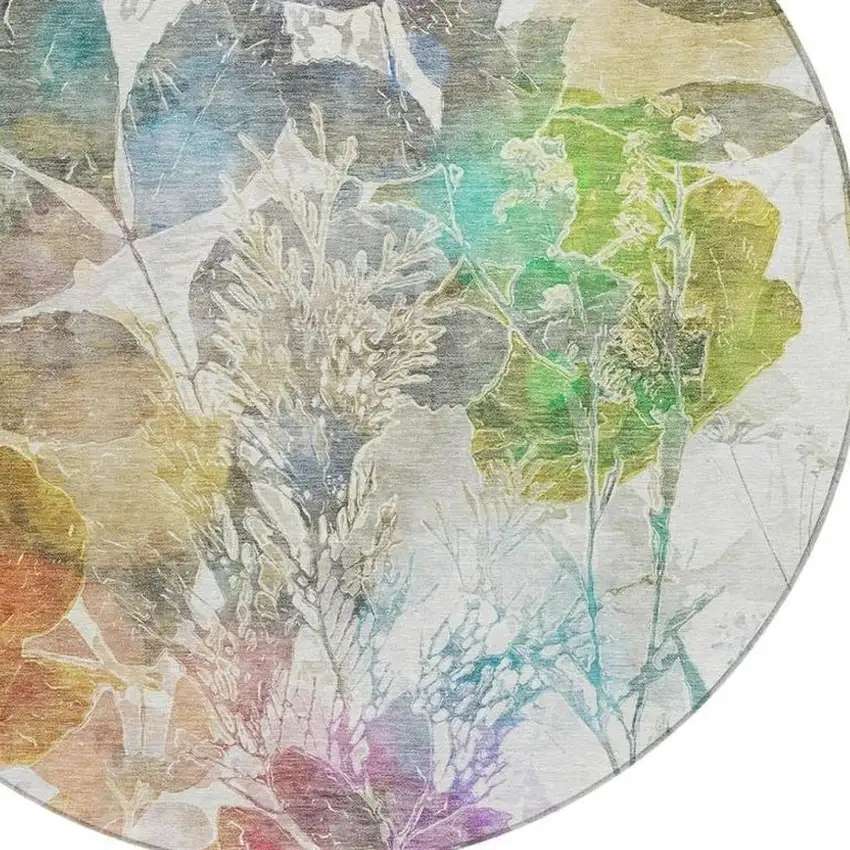 8' Green And Ivory Round Botanical Leaves Washable Indoor Outdoor Area Rug Photo 3