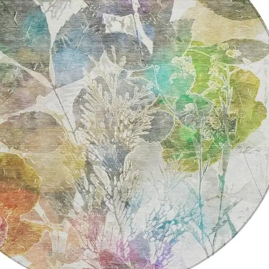 8' Green And Ivory Round Botanical Leaves Washable Indoor Outdoor Area Rug Photo 7