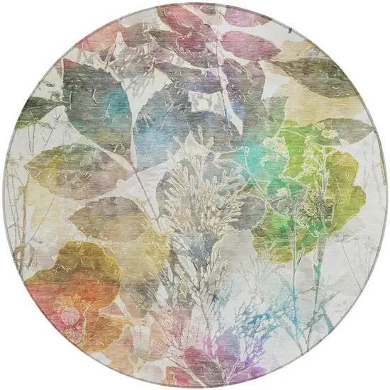 8' Green And Ivory Round Botanical Leaves Washable Indoor Outdoor Area Rug Photo 8