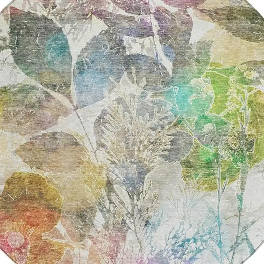 8' Green And Ivory Round Botanical Leaves Washable Indoor Outdoor Area Rug Photo 6