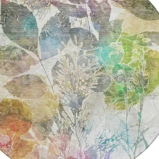 8' Green And Ivory Round Botanical Leaves Washable Indoor Outdoor Area Rug Photo 9