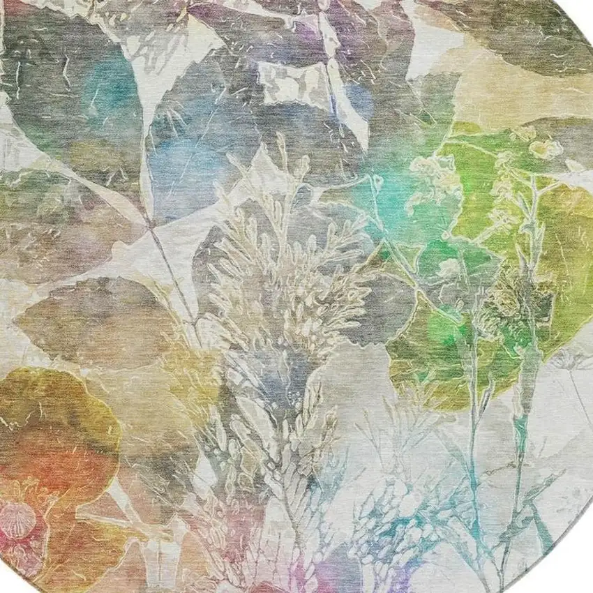 8' Green And Ivory Round Botanical Leaves Washable Indoor Outdoor Area Rug Photo 9