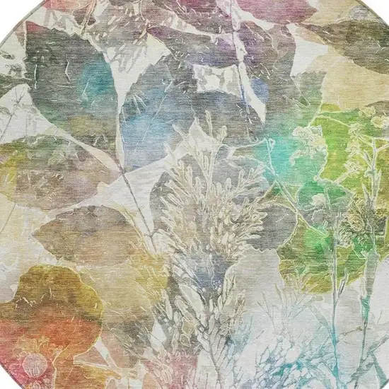 8' Green And Ivory Round Botanical Leaves Washable Indoor Outdoor Area Rug Photo 4